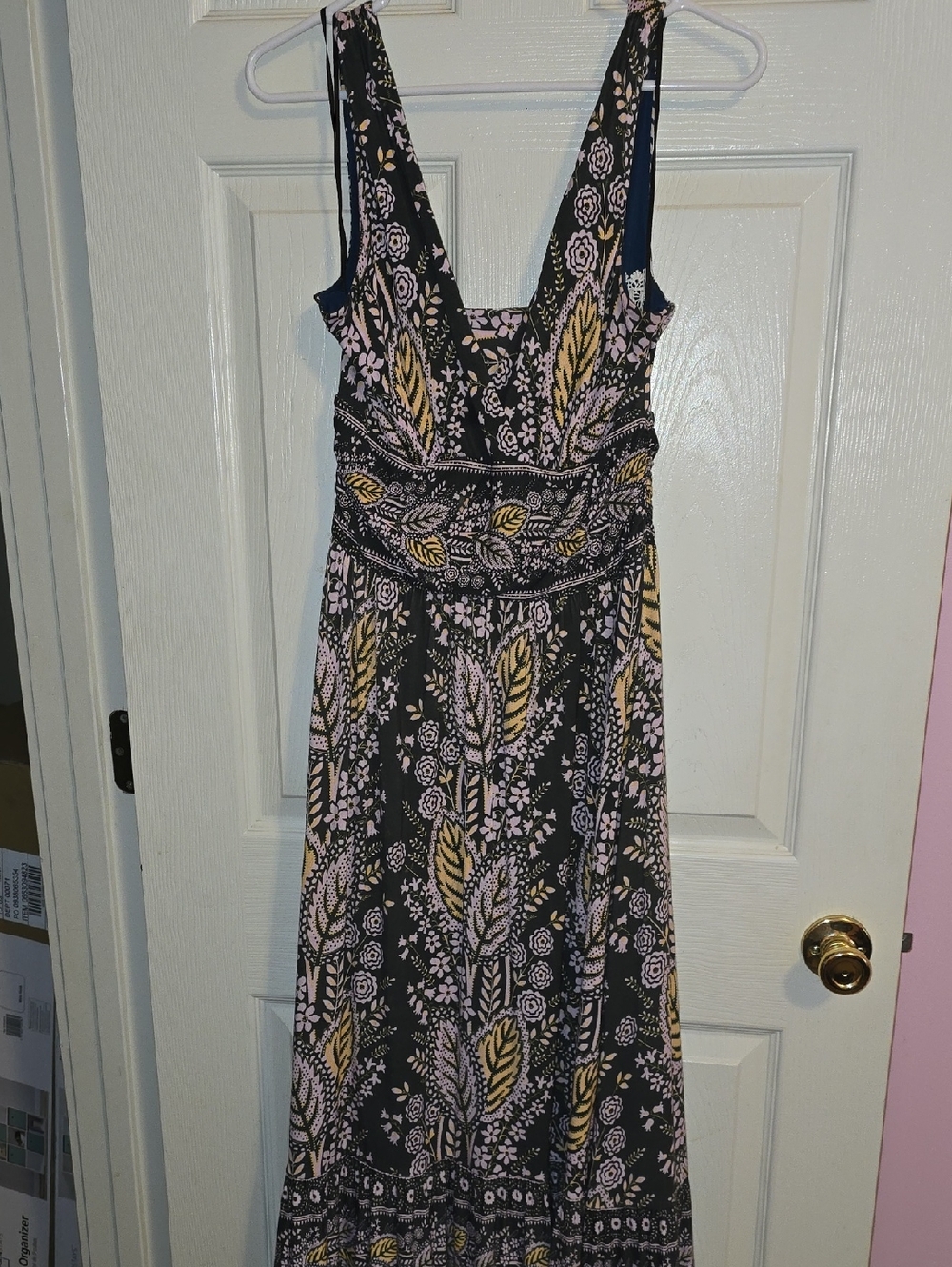 Anthropologie MAEVE Black Maxi Dress with Pink & Mustard Floral Print